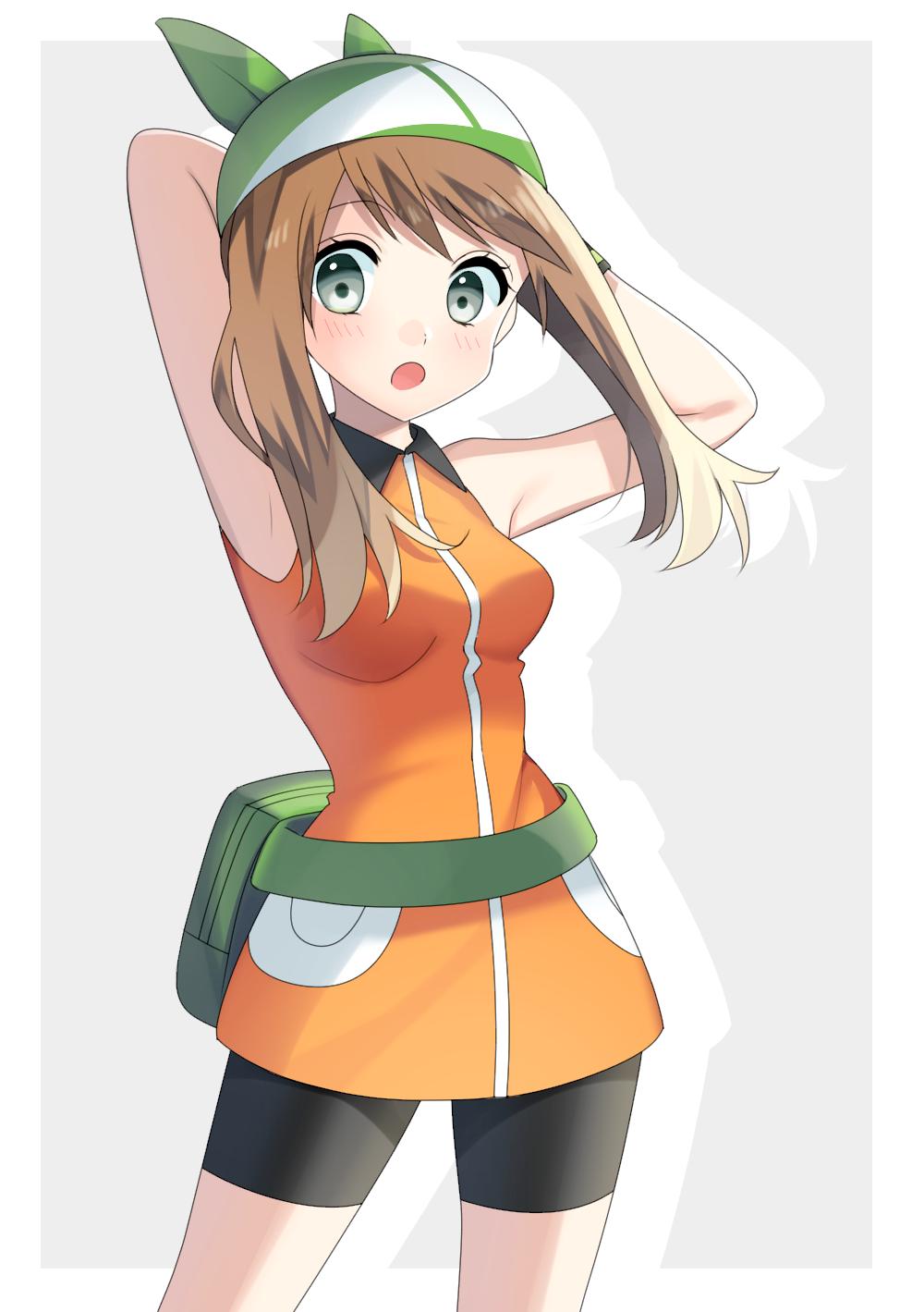 1girl :o arm_up armpits arms_behind_head bangs bike_shorts black_shorts blush breasts cowboy_shot creatures_(company) eyebrows_visible_through_hair game_freak green_bandana grey_eyes haruka_(pokemon) highres jacket looking_at_viewer medium_breasts nintendo orange_jacket pokemon pokemon_(game) pokemon_emerald pokemon_rse print_bandana short_shorts shorts simple_background sleeveless_jacket solo standing swept_bangs white_background wing_collar wristband yuihiko