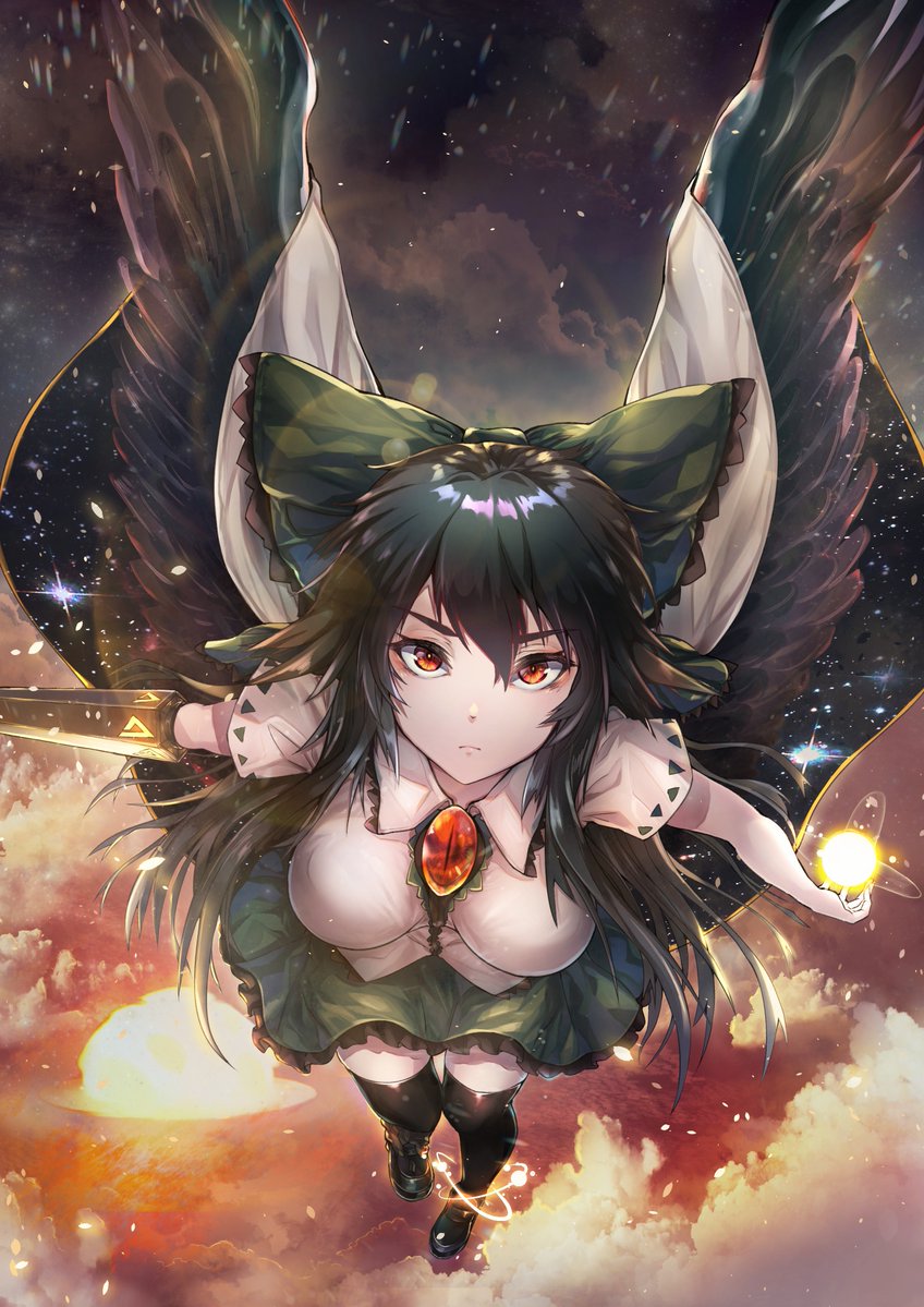 1girl arm_cannon atom bangs bare_arms bird_wings black_footwear black_hair black_legwear black_wings blouse bow breasts cape closed_mouth clouds collared_blouse dai_(yamii) explosion flying foreshortening frilled_skirt frills full_body green_bow green_skirt hair_between_eyes hair_bow kneehighs long_hair looking_at_viewer night night_sky outdoors outstretched_arms red_eyes reiuji_utsuho serious shoes short_sleeves skirt sky solo sparks spread_arms star_(sky) starry_sky thigh-highs third_eye touhou weapon white_blouse white_cape wing_collar wings zettai_ryouiki