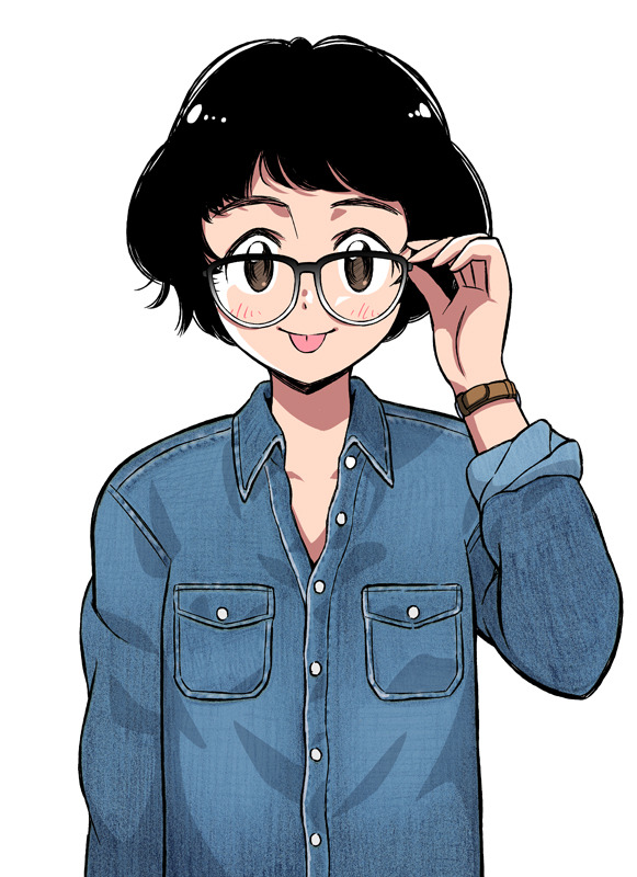 1girl 49s-aragon bangs black_hair blue_shirt blush brown_eyes buttons collared_shirt glasses hand_on_eyewear long_sleeves looking_at_viewer original pocket shirt short_hair simple_background solo tongue tongue_out white_background