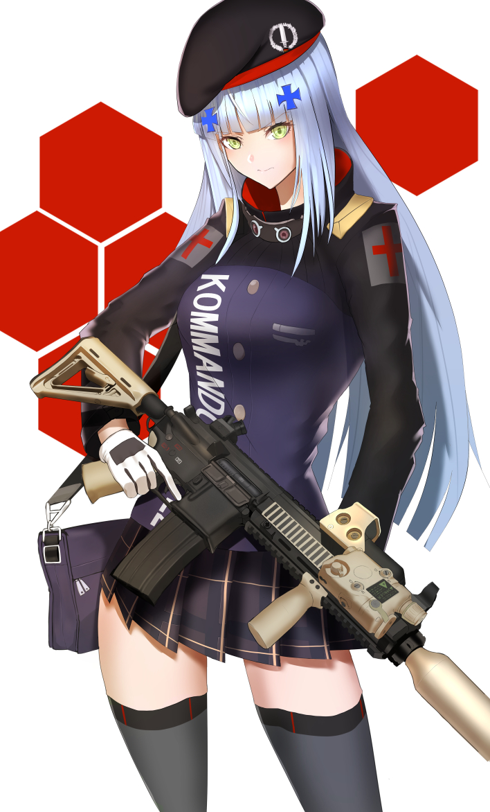 1girl bangs beret blue_hair breasts girls_frontline gloves green_eyes hair_ornament hat hk416_(girls_frontline) jacket long_hair looking_at_viewer military military_uniform skirt solo tagme uniform weapon white_gloves