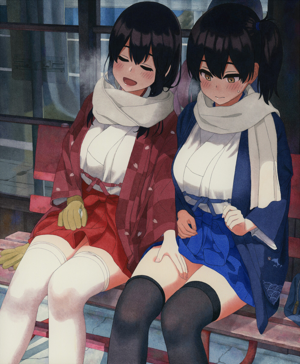 2girls akagi_(kantai_collection) bangs bench black_hair black_legwear brown_eyes brown_gloves closed_eyes commentary_request gloves gloves_removed hakama hakama_skirt hand_on_another's_thigh highres japanese_clothes kaga_(kantai_collection) kantai_collection long_hair long_sleeves multiple_girls on_bench outdoors scarf shijukara_(great_tit) side_ponytail single_glove sitting straight_hair thigh-highs white_legwear white_scarf