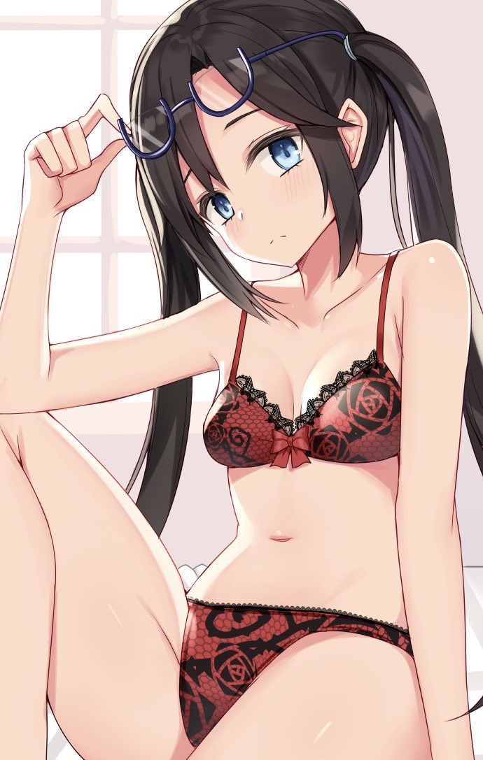 1girl bangs bare_shoulders black_hair blue-framed_eyewear blue_eyes blush bra breasts closed_mouth collarbone commentary_request eyebrows_visible_through_hair floral_print glasses hair_between_eyes hair_ribbon holding holding_eyewear idolmaster idolmaster_shiny_colors indoors kanikou lace lace-trimmed_bra lace-trimmed_panties lingerie long_hair looking_at_viewer mitsumine_yuika navel panties ribbon semi-rimless_eyewear sitting small_breasts solo twintails underwear underwear_only window