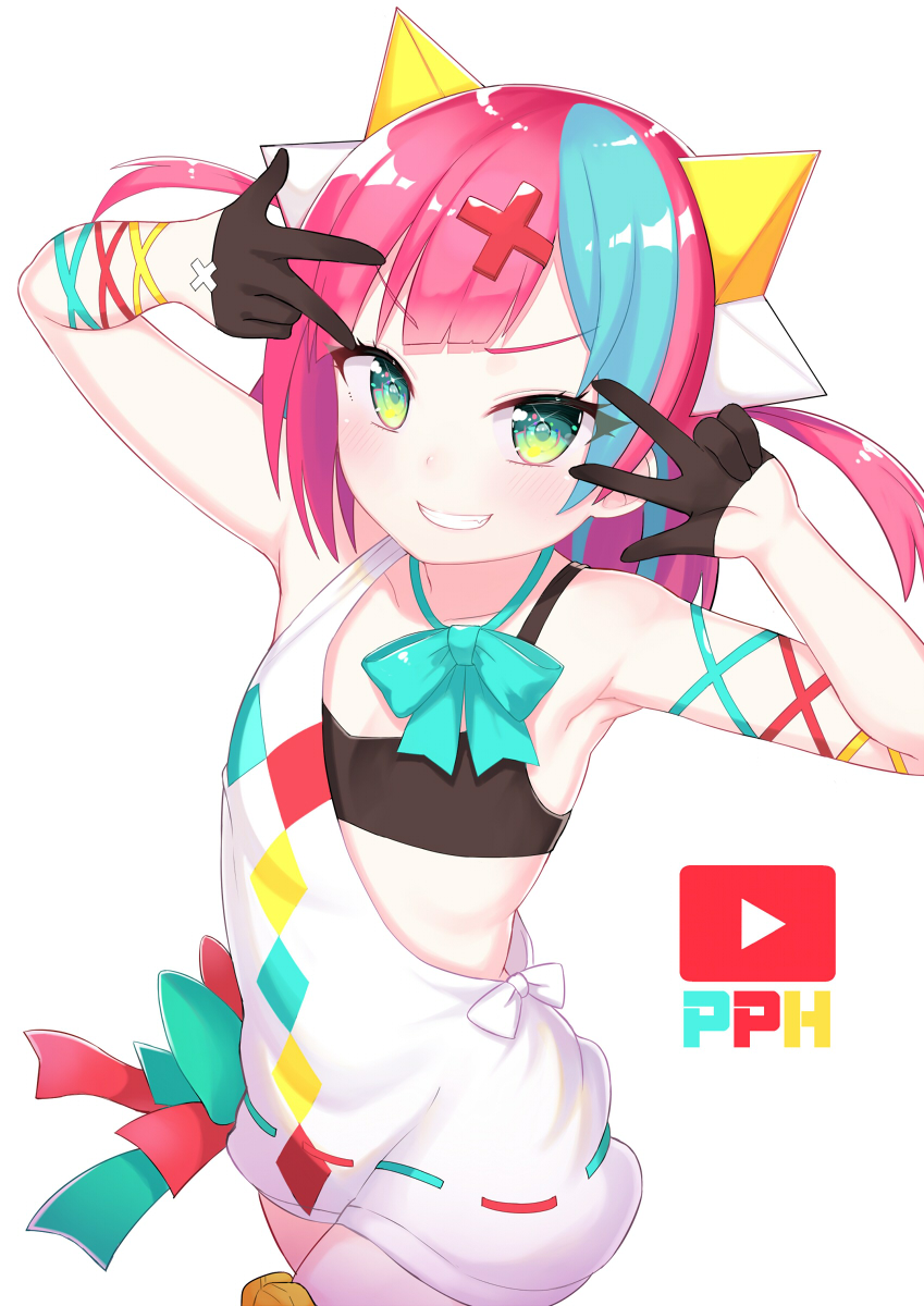 1girl aqua_bow arms_up atg_(wttoo0202) bangs bare_shoulders black_bra black_gloves blue_hair blush bow bra character_name collarbone commentary dress eyebrows_visible_through_hair gloves green_eyes grin hair_ornament half_gloves highres looking_at_viewer multicolored_hair pink_hair pinky_pop_hepburn ribbon-trimmed_clothes ribbon-trimmed_dress ribbon_trim simple_background smile solo the_moon_studio two-tone_hair two_side_up underwear v-shaped_eyebrows v_over_eye virtual_youtuber white_background white_dress x_hair_ornament