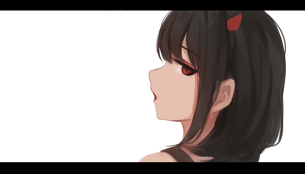 bangs bare_shoulders black_hair demon_horns eyebrows_visible_through_hair from_side horns letterboxed long_hair looking_at_viewer looking_to_the_side original parted_lips portrait profile red_eyes shimmer shirt_straps simple_background white_background