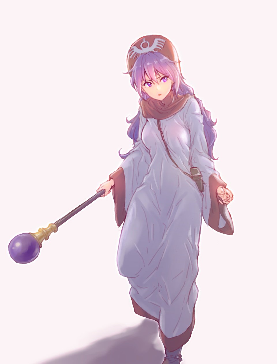 1girl breasts commentary_request curly_hair dragon_quest dragon_quest_ii dress hat highres hood hood_up long_hair long_sleeves open_mouth princess princess_of_moonbrook purple_hair robe simple_background solo staff tamago_tomato violet_eyes weapon white_background white_robe