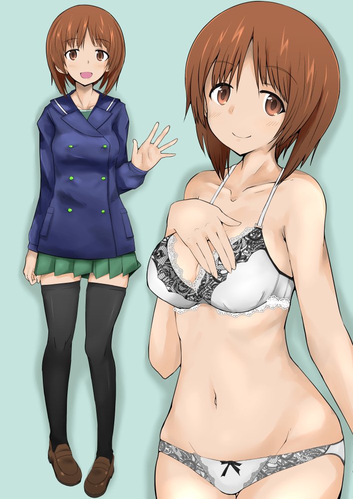 1girl alternate_legwear bangs black_legwear blue_coat bow bow_panties bra breasts brown_eyes brown_footwear brown_hair collared_shirt commentary double-breasted eyebrows_visible_through_hair girls_und_panzer green_background groin hand_on_own_chest head_tilt lace lace-trimmed_panties light_blush loafers looking_at_viewer medium_breasts miniskirt multiple_views navel ngc20701 nishizumi_miho ooarai_school_uniform open_mouth panties pleated_skirt school_uniform shadow shirt shoes short_hair simple_background skindentation skirt smile solo standing thigh-highs underwear underwear_only waving white_bra white_panties winter_uniform zettai_ryouiki