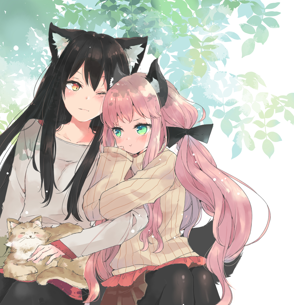 2girls :t animal animal_ear_fluff animal_ears arm_hug bangs black_bow black_hair black_legwear blush bow brown_skirt brown_sweater cat cat_ears closed_mouth collarbone commentary_request eyebrows_visible_through_hair green_eyes hair_bow long_hair long_sleeves mimiket mitoko_(kuma) multiple_girls one_eye_closed original pantyhose pink_hair pleated_skirt pout red_eyes ribbed_sweater shirt sitting skirt sleeves_past_wrists sweater tail tail_raised very_long_hair white_shirt