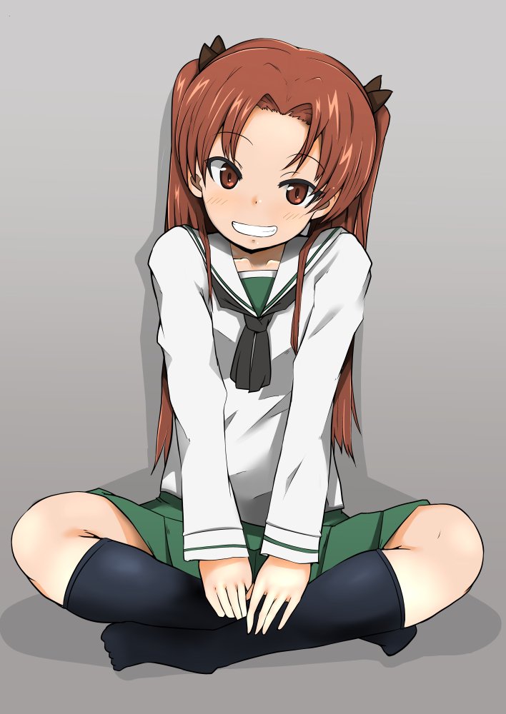 1girl bangs black_bow black_legwear black_neckwear blouse bow brown_eyes brown_hair commentary eyebrows_visible_through_hair full_body girls_und_panzer green_skirt grey_background grin hair_bow hands_on_own_legs head_tilt indian_style kadotani_anzu light_blush long_hair long_sleeves looking_at_viewer miniskirt neckerchief ngc20701 no_shoes ooarai_school_uniform parted_bangs pleated_skirt school_uniform serafuku sitting skirt smile socks solo twintails white_blouse