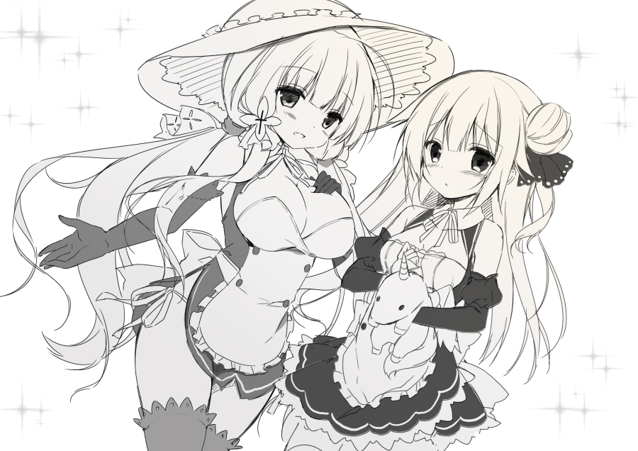 2girls :d alternate_costume apron azur_lane bangs blush breasts cleavage closed_mouth collared_dress detached_sleeves dress enmaided eyebrows_visible_through_hair frilled_apron frills greyscale hair_between_eyes hair_bun hair_ribbon hand_on_own_chest hand_up hat illustrious_(azur_lane) juliet_sleeves large_breasts long_hair long_sleeves maid monochrome multiple_girls object_hug one_side_up open_mouth panties puffy_sleeves purinko ribbon side-tie_panties side_bun simple_background sleeveless sleeveless_dress small_breasts smile sparkle stuffed_alicorn stuffed_animal stuffed_toy sun_hat thigh-highs underwear unicorn_(azur_lane) very_long_hair waist_apron white_background