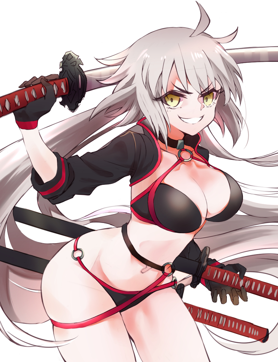1girl ahoge bangs bikini black_bikini black_choker black_gloves breasts choker cleavage collarbone cowboy_shot eyebrows_visible_through_hair fate/grand_order fate_(series) gloves grin halter_top halterneck highres holding holding_sword holding_weapon jeanne_d'arc_(alter_swimsuit_berserker) jeanne_d'arc_(fate)_(all) katana kazuya0810 large_breasts long_hair o-ring o-ring_bikini o-ring_bottom o-ring_top sheath sheathed shrug_(clothing) silver_hair simple_background sleeves_past_elbows smile solo swimsuit sword thighs v-shaped_eyebrows very_long_hair weapon white_background yellow_eyes