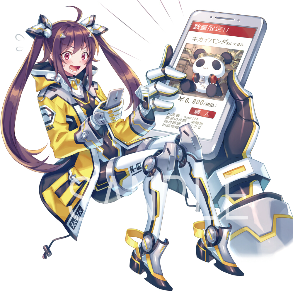 ahoge blush brown_hair cellphone clenched_hand hair_ornament hairclip hands holding holding_phone invisible_chair jacket long_hair mecha_musume mechanical_legs open_mouth original panda phone red_eyes sample sidelocks sitting smartphone twintails watermark white_background yellow_jacket zoff_(daria)