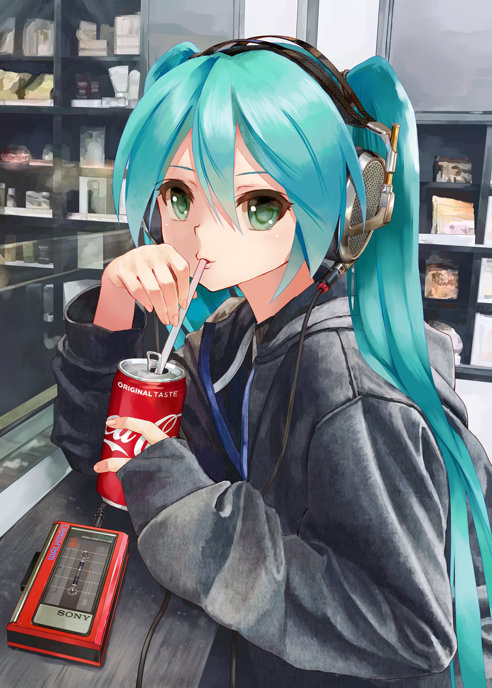1girl aqua_hair black_jacket cafe can cassette_player coca-cola commentary_request counter drinking drinking_straw green_eyes hair_between_eyes hatsune_miku headphones highres hood hood_down hooded_jacket jacket listening_to_music long_hair long_sleeves looking_at_viewer shelf soda_can solo sony takepon1123 twintails upper_body vocaloid walkman