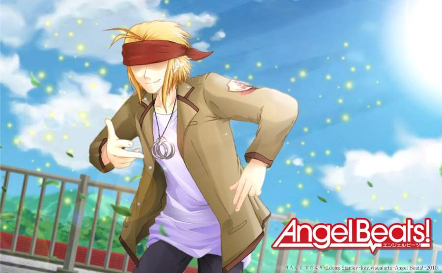 1boy angel_beats! black_legwear blindfold blonde_hair blue_sky clouds cloudy_sky cuffs handcuffs happy headband jacket jewelry key_(company) leaves_in_wind long_sleeves mountainous_horizon necklace open_mouth pants pointing pointing_at_viewer pollen railing shabello shirt short_hair sky smile solo sunlight t-shirt tk_(angel_beats!) white_shirt