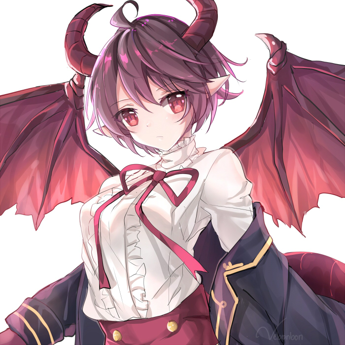 1girl ahoge artist_name bangs black_jacket blush center_frills closed_mouth commentary dragon_girl dragon_tail dragon_wings eyebrows_visible_through_hair flower_in_eye frilled_shirt frills granblue_fantasy grea_(shingeki_no_bahamut) jacket long_sleeves manaria_friends neck_ribbon off_shoulder open_clothes open_jacket pointy_ears purple_hair purple_neckwear purple_ribbon red_eyes red_wings ribbon shingeki_no_bahamut shirt short_hair simple_background solo symbol_in_eye tail upper_body vebonbon white_background white_shirt wings