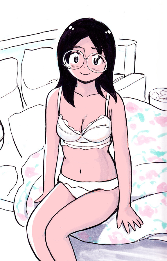 1girl 49s-aragon bed black_hair bra feet_out_of_frame glasses limited_palette long_hair looking_at_viewer navel on_bed original panties pillow sitting sitting_on_bed smile solo underwear underwear_only white_bra white_panties