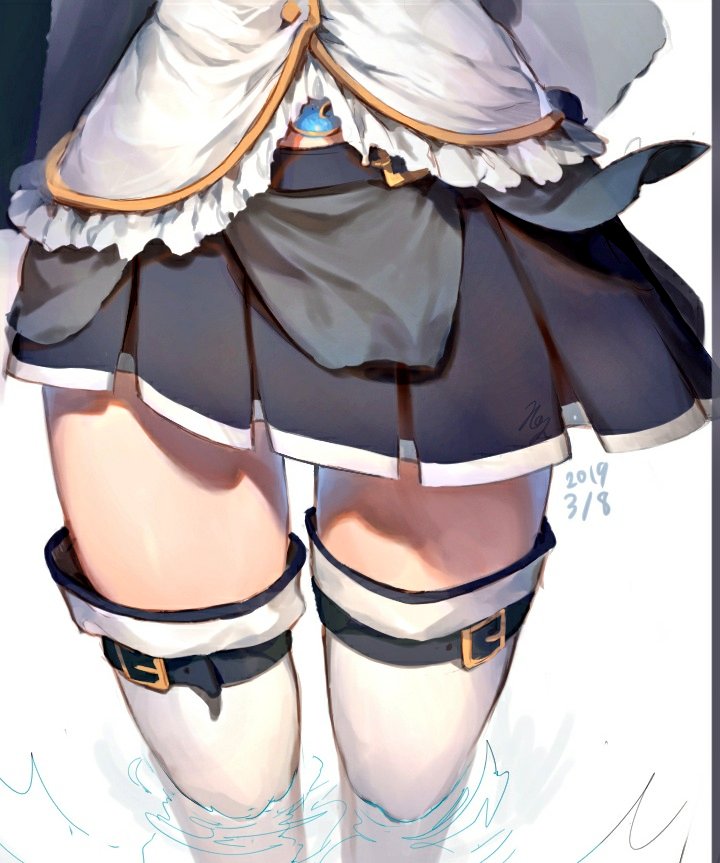 1girl 2019 black_skirt dated frills kouyafu mahou_shoujo_madoka_magica miki_sayaka ripples skirt solo soul_gem strap thigh-highs thighs wading white_background white_legwear