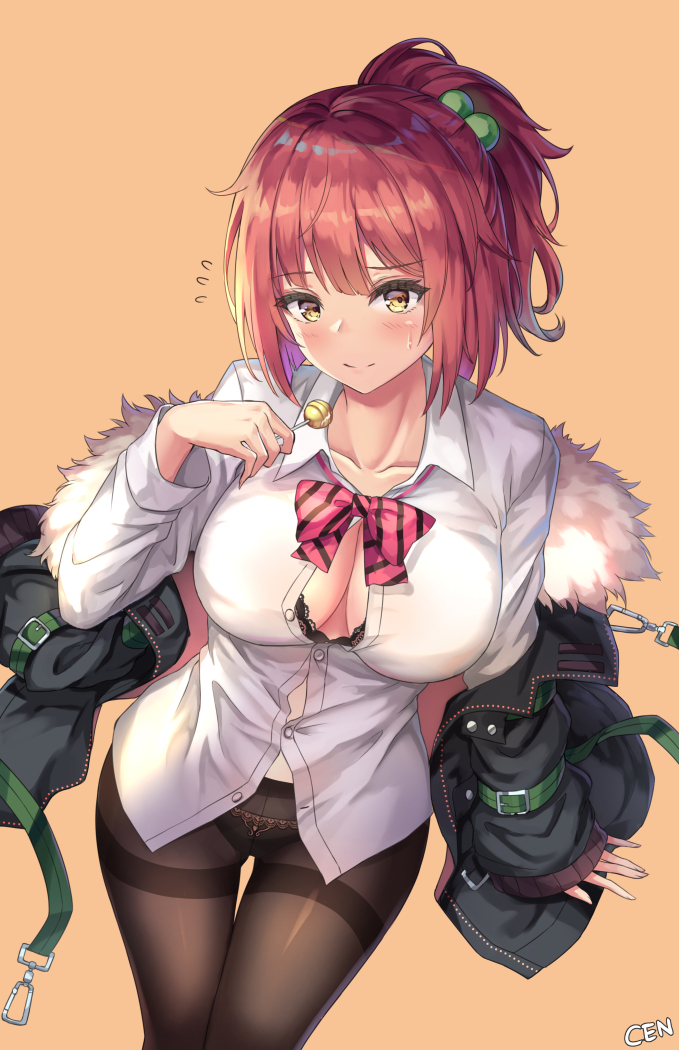 1girl bangs bare_shoulders black_jacket black_skirt blush bow bowtie breasts candy cenangam collarbone collared_shirt food girls_frontline hair_bobbles hair_ornament jacket large_breasts lollipop long_hair long_sleeves looking_at_viewer mp7_(girls_frontline) open_clothes open_jacket orange_background pantyhose pink_hair pleated_skirt ponytail shirt simple_background skirt solo thighs underwear yellow_eyes