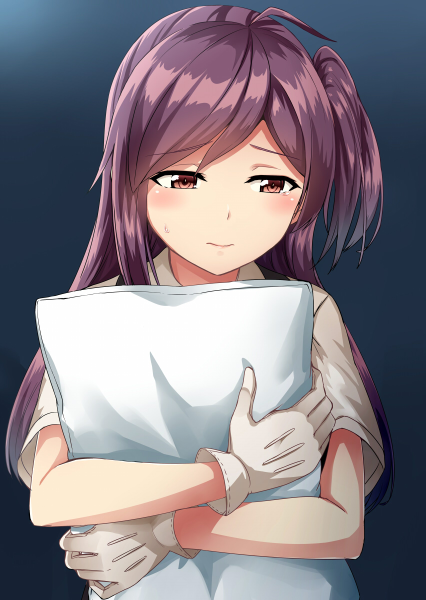 1girl ahoge bangs black_vest blouse blush brown_eyes closed_mouth commentary_request eyebrows_visible_through_hair gloves hagikaze_(kantai_collection) hair_between_eyes highres holding holding_pillow kamelie kantai_collection long_hair looking_down one_side_up pillow purple_hair side_ponytail simple_background solo sweatdrop vest white_blouse white_gloves