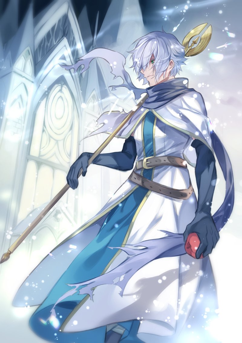 1boy alternate_costume apple bracelet cleric cloak elbow_gloves food fruit gloves hair_over_one_eye jewelry oboro_keisuke octopath_traveler open_mouth short_hair simple_background smile staff therion_(octopath_traveler) white_hair