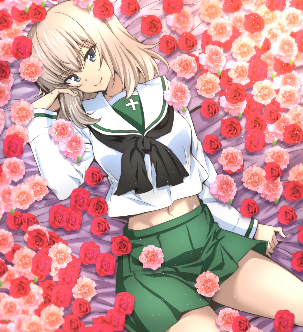 1girl alternate_costume bangs bed_sheet black_neckwear blouse blue_eyes closed_mouth commentary_request eyebrows_visible_through_hair flower from_above girls_und_panzer green_skirt hand_in_hair head_tilt itsumi_erika light_particles long_hair long_sleeves looking_at_viewer lying midriff miniskirt nakahira_guy navel neckerchief on_back on_bed ooarai_school_uniform partial_commentary pink_flower pink_rose pleated_skirt red_flower red_rose rose school_uniform serafuku silver_hair skirt smile solo thighs white_blouse