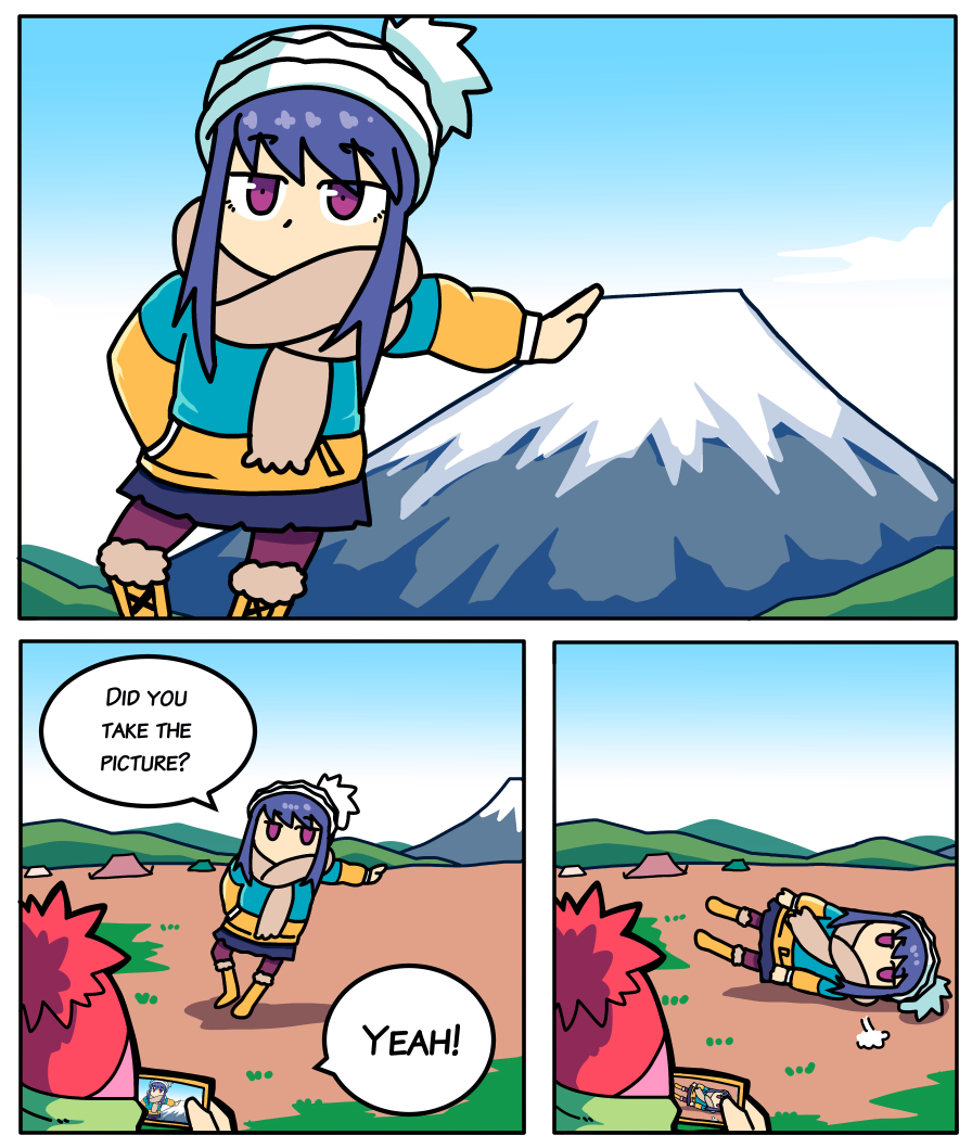 2girls bangs beanie blue_hair coat commentary day english_commentary english_text fallen_down forced_perspective fur-trimmed_boots fur_trim hat jitome kagamihara_nadeshiko leaning_to_the_side long_sleeves mount_fuji multiple_girls no_mouth outdoors phone scarf setz shima_rin tent violet_eyes yurucamp