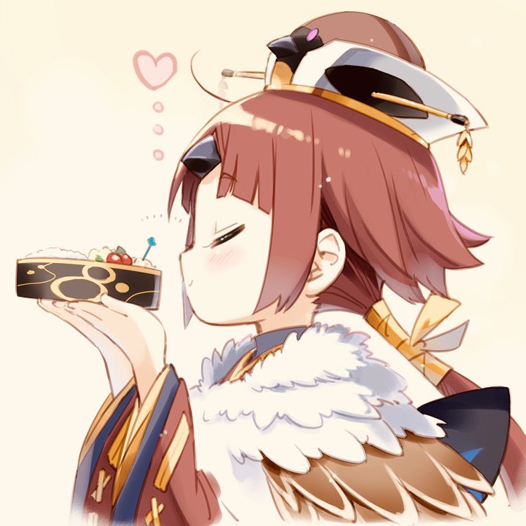 ... 1girl benienma_(fate/grand_order) bird_hat brown_hair cloak closed_eyes eretto fate/grand_order fate_(series) feather_trim food hair_tie heart profile short_hair simple_background smelling yellow_background