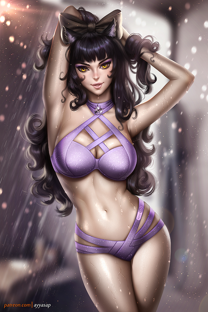 1girl animal_ears arms_up ayya_saparniyazova bikini black_hair blake_belladonna blurry blurry_background bow breasts cat_ears cleavage curly_hair hair_bow halter_top halterneck lips long_hair looking_at_viewer navel parted_lips rwby smile solo swimsuit wet yellow_eyes