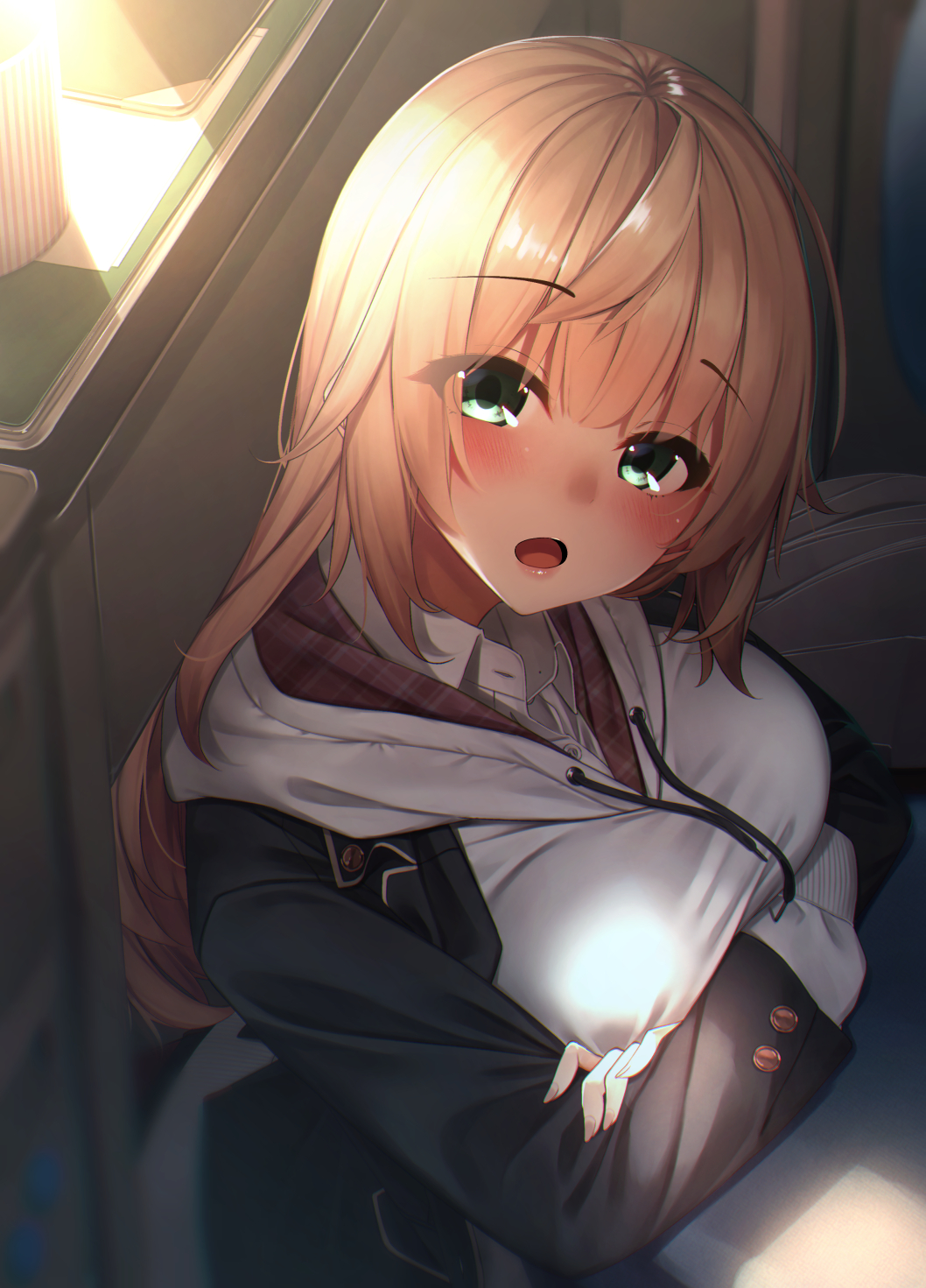 1girl bangs blonde_hair blush breasts buttons collared_shirt commentary_request crossed_arms eyebrows_visible_through_hair green_eyes hair_between_eyes highres hood hood_down hoodie jacket large_breasts long_hair long_sleeves looking_at_viewer open_clothes open_mouth original rerrere school_uniform shirt solo uniform