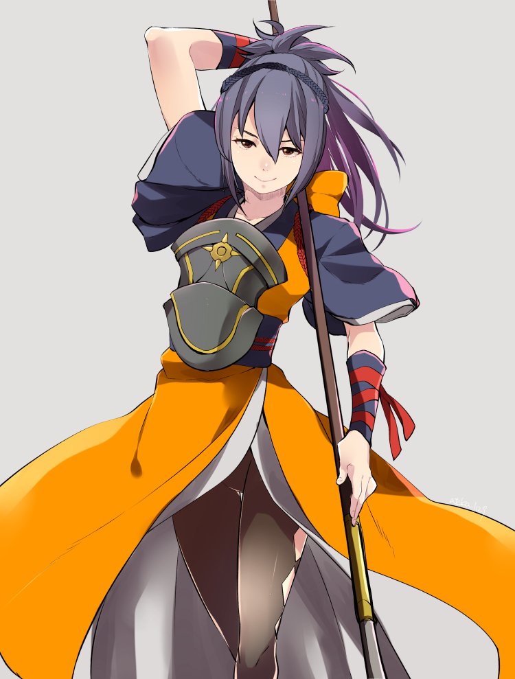 1girl armor ataka_takeru blue_hair closed_mouth fire_emblem fire_emblem_if grey_background hairband japanese_clothes long_hair nintendo oboro_(fire_emblem_if) polearm short_sleeves simple_background smile solo weapon