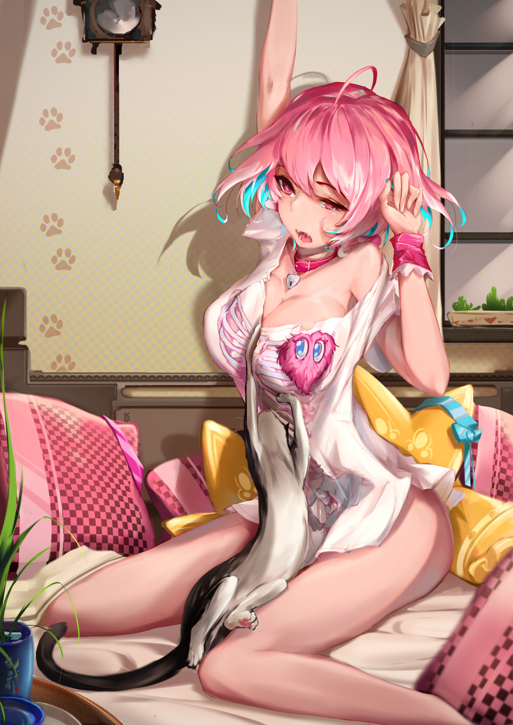 1girl ahoge animal arm_up bangs blue_hair breasts cat cleavage clock collar curtains hand_up heart highres idolmaster idolmaster_cinderella_girls indoors large_breasts lock multicolored_hair off_shoulder one_eye_closed paw_print pillow pink_collar pink_eyes pink_hair plant potted_plant renze_l shadow shirt short_hair single_bare_shoulder sitting skeleton_print solo stretch two-tone_hair wall_clock wariza white_shirt window wristband yumemi_riamu