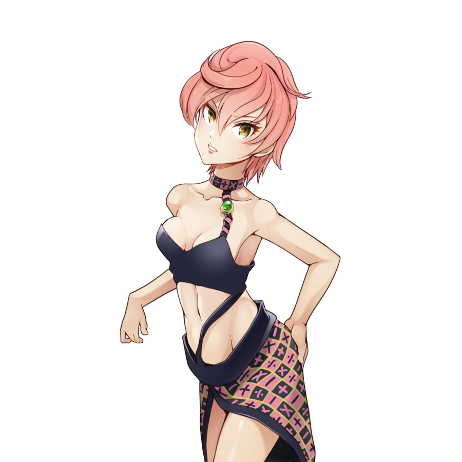 1girl breasts brown_eyes choker cleavage collarbone groin hair_between_eyes hand_on_ass jojo_no_kimyou_na_bouken kinpun_(fgxdw447) looking_at_viewer navel pink_hair short_hair simple_background skirt sleeveless small_breasts solo standing trish_una white_background