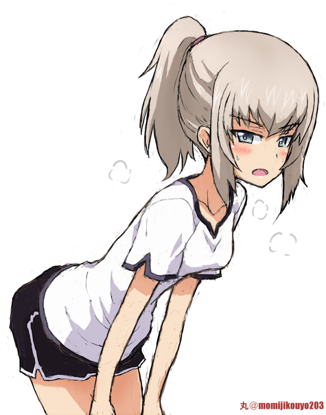 1girl alternate_hairstyle artist_name bangs black_shorts blue_eyes blush breath commentary cowboy_shot eyebrows_visible_through_hair frown girls_und_panzer gym_shorts gym_uniform hair_tie hair_up half-closed_eyes hands_on_own_legs itsumi_erika kayabakoro leaning_forward looking_at_viewer medium_hair open_mouth shirt short_ponytail short_shorts short_sleeves shorts silver_hair simple_background single_vertical_stripe sketch solo sweat twitter_username white_background white_shirt