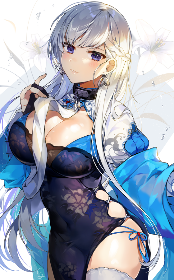 1girl alternate_costume azur_lane bangs belfast_(iridescent_rose)_(azur_lane) blue_eyes blush braid breasts chains china_dress chinese_clothes collar dress earrings eyebrows_visible_through_hair gijang holding holding_hair jewelry large_breasts long_hair looking_at_viewer panties parted_lips side-tie_panties sidelocks silver_hair smile solo thigh-highs underwear white_legwear