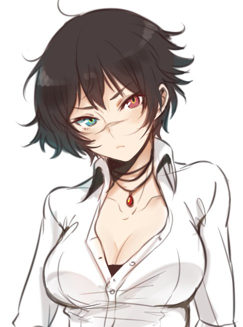 1girl black_hair blue_eyes blush breasts cleavage closed_mouth collarbone collared_shirt commentary_request devil_may_cry devil_may_cry_3 eyebrows_visible_through_hair hair_between_eyes head_tilt heterochromia jewelry lady_(devil_may_cry) long_sleeves looking_at_viewer messy_hair necklace nusumenaihxseki open_clothes open_shirt pendant pout pouty_lips red_eyes scar shirt short_hair simple_background solo unbuttoned unbuttoned_shirt white_background white_shirt