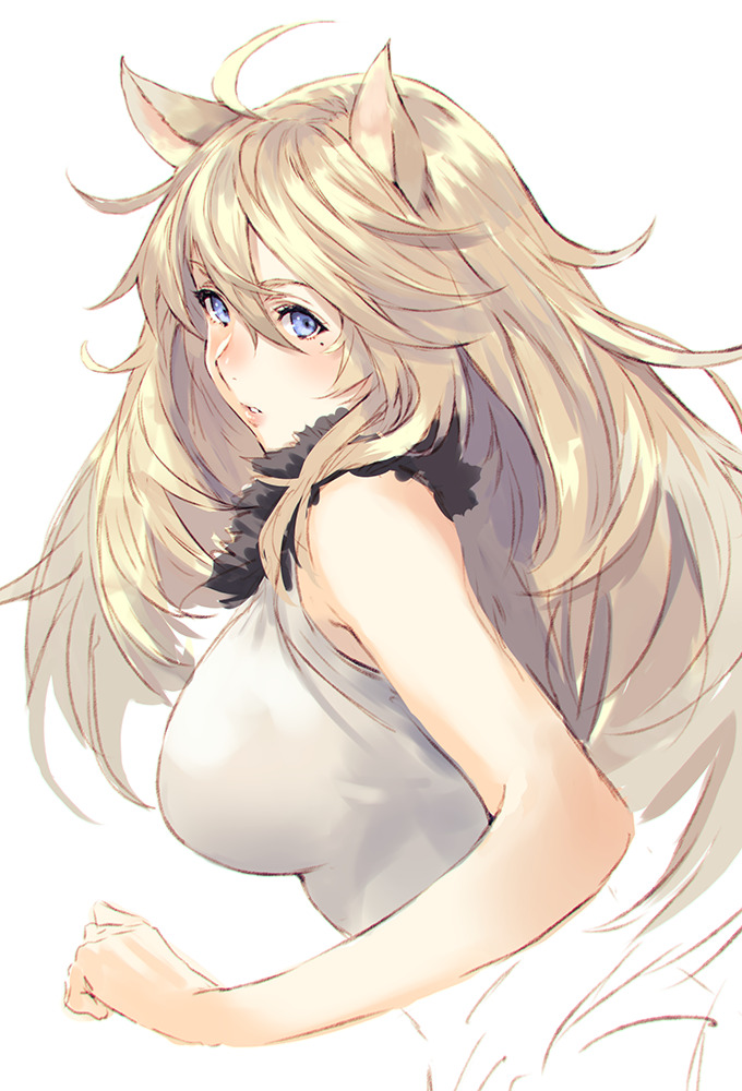 1girl animal_ears bangs blonde_hair blue_eyes blush breasts fur_collar hair_between_eyes large_breasts long_hair looking_at_viewer makimura_shunsuke mole mole_under_eye original parted_lips profile sleeveless solo upper_body white_background