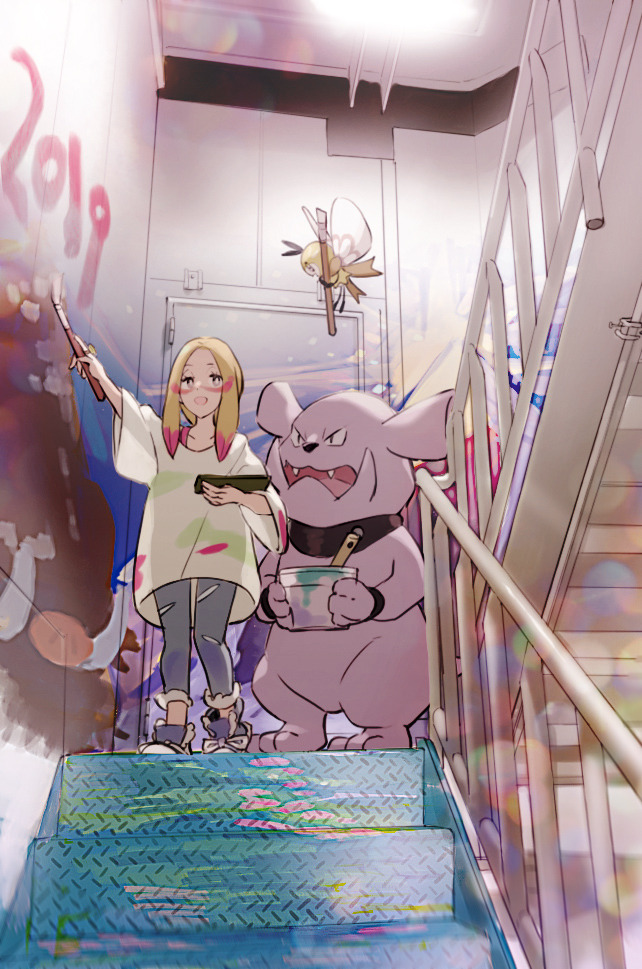 1girl 2019 :d collarbone creatures_(company) fangs forehead game_freak gen_2_pokemon gen_7_pokemon granbull half-closed_eyes holding holding_paintbrush indoors linaria_(ookinahitomi) matsurika_(pokemon) nintendo open_mouth oversized_clothes oversized_shirt paint_stains paintbrush painting pokemon pokemon_(creature) ribombee sanpaku shirt smile smock stairwell standing trial_captain underbite