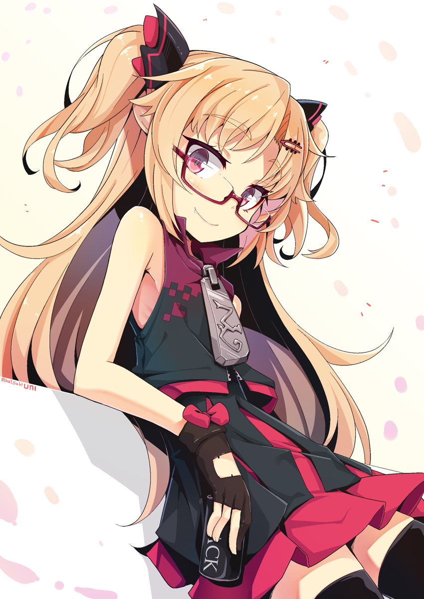 1girl akatsuki_yuni armpits bare_arms bare_shoulders black_gloves black_legwear black_shirt blonde_hair blush character_name closed_mouth cowboy_shot cup disposable_cup fang glasses gloves hair_ornament hair_ribbon hairclip head_tilt highres holding holding_cup long_hair looking_at_viewer ogami_kazuki oversized_zipper partly_fingerless_gloves pleated_skirt red-framed_eyewear red_eyes red_skirt ribbon semi-rimless_eyewear shirt sidelocks skirt sleeveless sleeveless_shirt smile solo thick_eyebrows thigh-highs two_side_up under-rim_eyewear uni_channel virtual_youtuber white_background zettai_ryouiki zipper_pull_tab