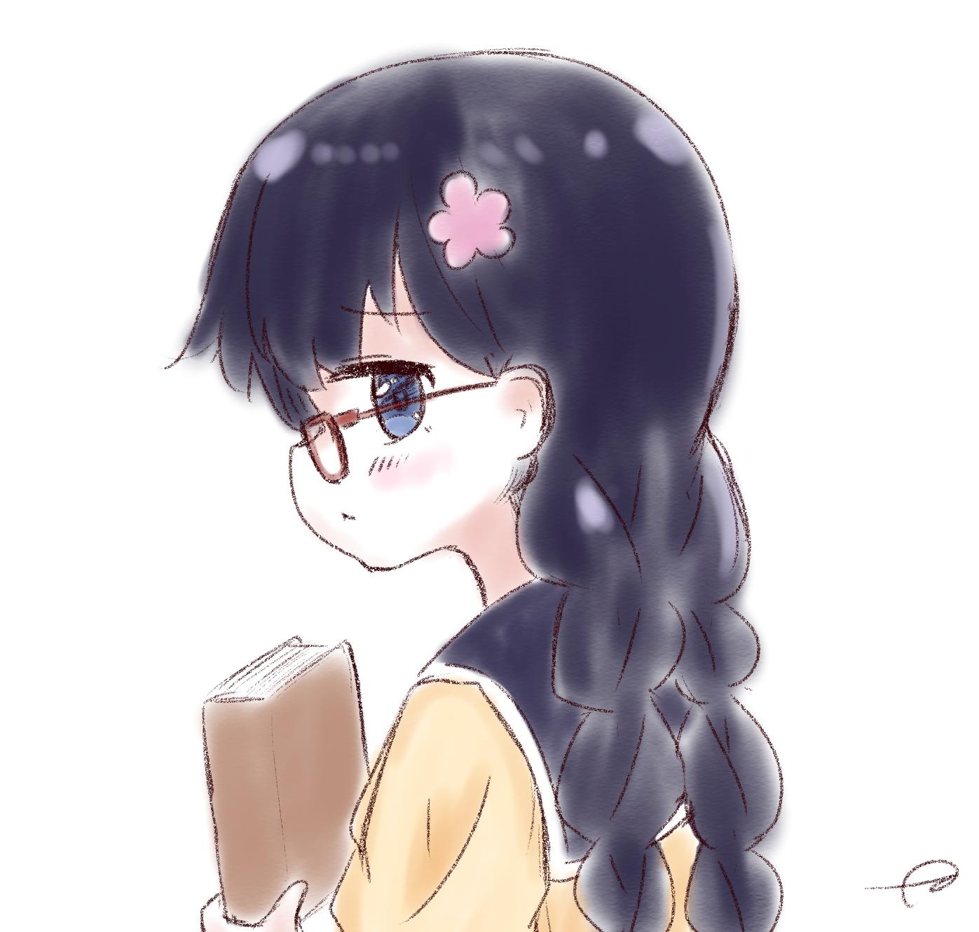 1girl :&lt; bangs black_hair black_sailor_collar blue_eyes blush book braid brown-framed_eyewear brown_sweater closed_mouth commentary_request eyebrows_visible_through_hair flower glasses hair_between_eyes hair_flower hair_ornament highres holding holding_book kujou_karasuma long_hair looking_at_viewer looking_to_the_side low_twintails pink_flower profile sailor_collar shirosaki_hana signature simple_background solo sweater twin_braids twintails upper_body watashi_ni_tenshi_ga_maiorita! white_background