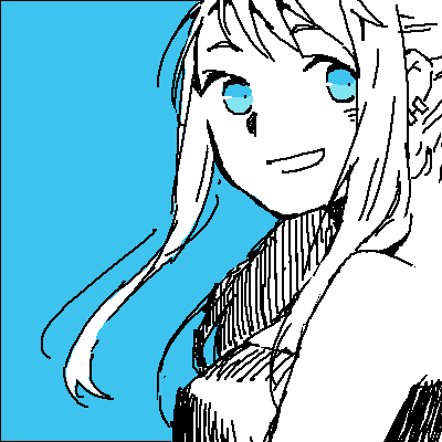 1girl :d bangs bare_shoulders black blue blue_background blue_eyes earrings floating_hair fullmetal_alchemist happy igi_(tarqu0ise) jewelry looking_back lowres monochrome open_mouth portrait simple_background smile solo spot_color strapless tubetop white winry_rockbell