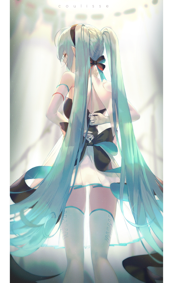 1girl arms_behind_back elbow_gloves from_behind gloves green_hair hatsune_miku highres long_hair miku_symphony_(vocaloid) seol skirt solo thigh-highs twintails very_long_hair vocaloid white_legwear