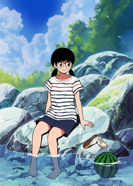 1girl 49s-aragon bangs barefoot black_hair blue_sky clouds cloudy_sky food fruit full_body original outdoors partially_submerged rock shirt shoes shoes_removed short_sleeves shorts sitting sitting_on_rock sky smile solo striped striped_shirt twintails water watermelon