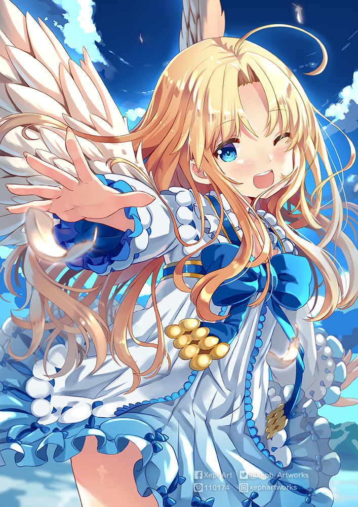 1girl ;d ahoge bangs blonde_hair blue_bow blue_eyes blue_sky blush bow clouds commentary_request day dress eyebrows_visible_through_hair feathered_wings firo_(tate_no_yuusha_no_nariagari) long_hair long_sleeves one_eye_closed open_mouth outdoors parted_bangs pixiv_id round_teeth sky smile solo tate_no_yuusha_no_nariagari teeth twitter_username upper_teeth very_long_hair white_dress white_wings wings xephonia
