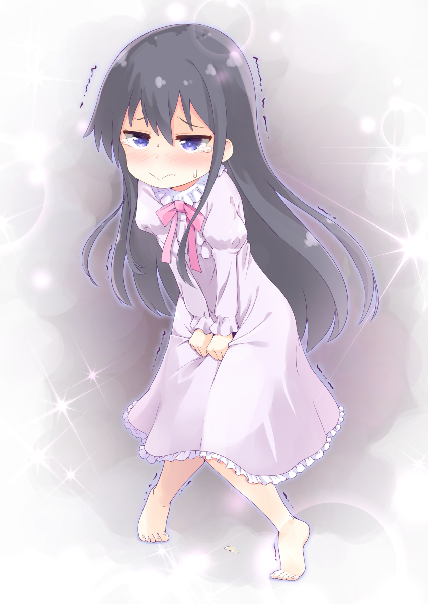 1girl barefoot black_hair blue_eyes blush covering covering_crotch dress feet have_to_pee highres knees_together_feet_apart long_hair nightgown pink_dress shirosaki_hana solo tears tenjou_ryuka tiptoes toes trembling watashi_ni_tenshi_ga_maiorita!