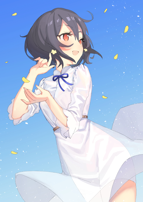 1girl :d bangs black_hair blue_neckwear blue_ribbon blue_sky blush casual cowboy_shot day dress hair_between_eyes long_sleeves looking_away looking_to_the_side matsuha_shuu mizuno_ai neck_ribbon open_mouth outdoors petals red_eyes ribbon see-through see-through_silhouette short_hair sky smile solo tareme white_dress zombie_land_saga