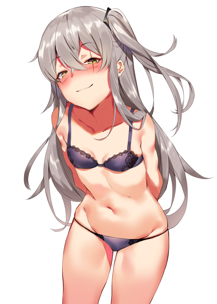 1girl arms_behind_back black_bra black_panties blush bra breasts closed_mouth collarbone commentary_request cowboy_shot eyebrows_visible_through_hair girls_frontline hair_between_eyes half-closed_eyes looking_at_viewer lowleg lowleg_panties navel one_side_up panties pooor scar scar_across_eye sidelocks silver_hair simple_background small_breasts smile solo ump45_(girls_frontline) underwear underwear_only white_background yellow_eyes