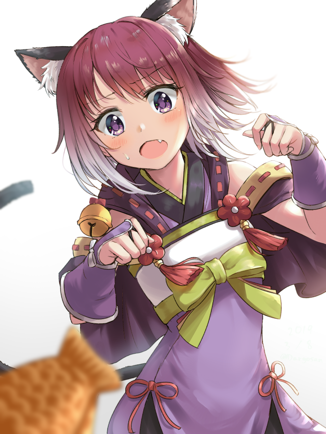 1girl animal_ear_fluff animal_ears bangs bell blurry blush cat_ears cat_girl cat_tail dargo depth_of_field detached_sleeves eyebrows_visible_through_hair fang food jingle_bell looking_at_viewer miyasaka_tamaki obi open_mouth paw_pose princess_connect! princess_connect!_re:dive purple_hair sash simple_background solo tail taiyaki violet_eyes wagashi white_background