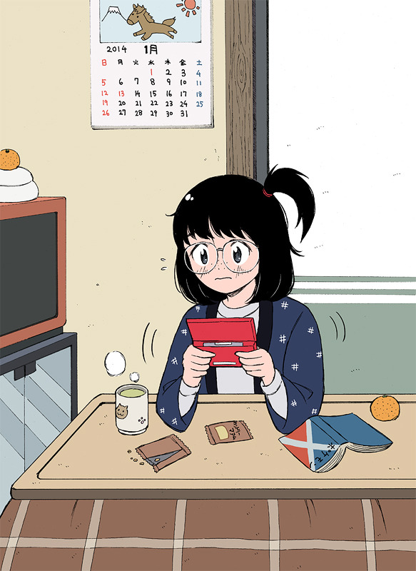 1girl 49s-aragon bangs black_hair book calendar_(object) cup food fruit glasses grey_eyes handheld_game_console horse indoors kotatsu long_sleeves medium_hair mountain orange original side_ponytail solo table