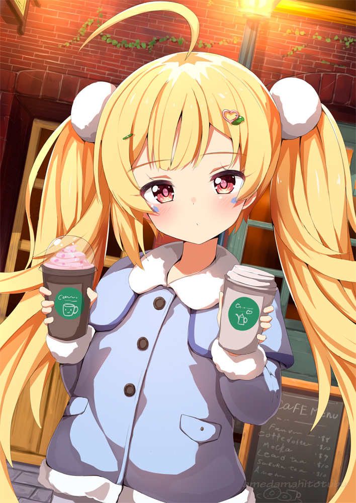 1girl ahoge ame. azur_lane bangs blonde_hair blue_jacket blush brick_wall closed_mouth coffee_cup collared_jacket commentary_request cup disposable_cup eldridge_(azur_lane) eyebrows_visible_through_hair facial_mark hair_ornament head_tilt heart heart_hair_ornament holding holding_cup jacket lamppost long_hair long_sleeves menu outdoors red_eyes sidelocks sign solo twintails upper_body very_long_hair