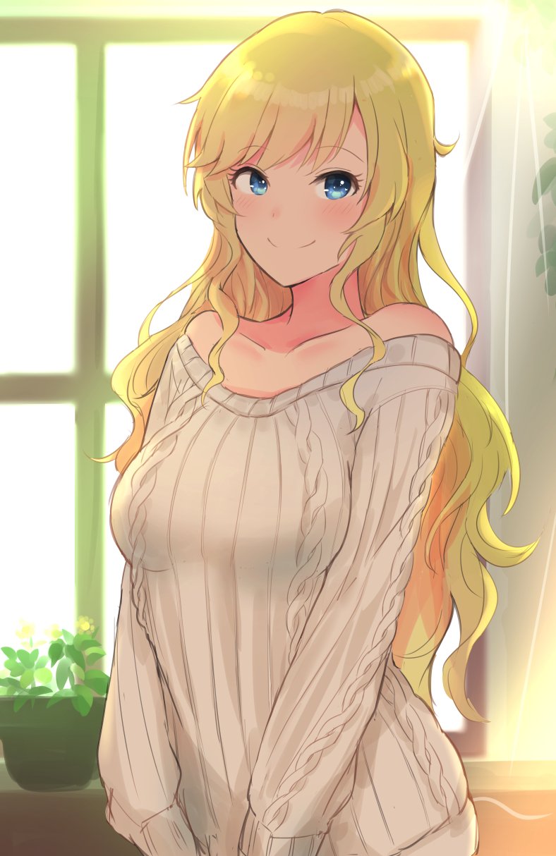 14sai_bishoujo_(shoutarou) 1girl bare_shoulders blonde_hair blue_eyes blush breasts collarbone highres idolmaster idolmaster_cinderella_girls long_hair looking_at_viewer medium_breasts ootsuki_yui plant potted_plant smile solo standing sunlight sweater window