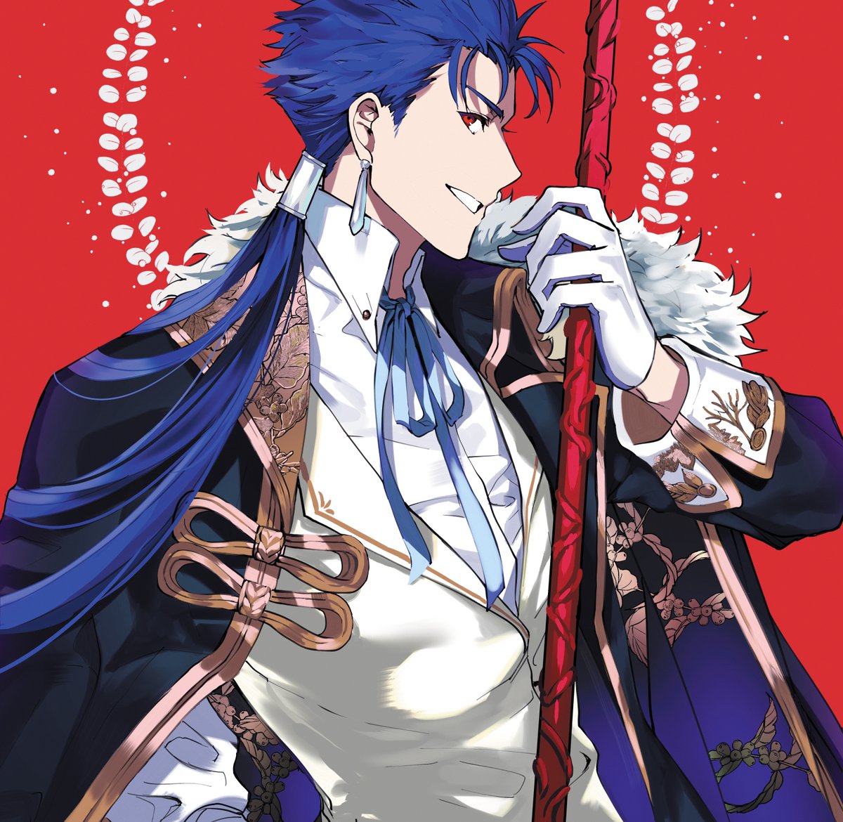 1boy 9sui alternate_costume blue_hair earrings fate/stay_night fate_(series) formal gae_bolg gloves holding holding_spear holding_weapon jewelry lancer long_hair looking_at_viewer male_focus polearm ponytail profile red_background red_eyes simple_background smile solo spear upper_body weapon white_gloves